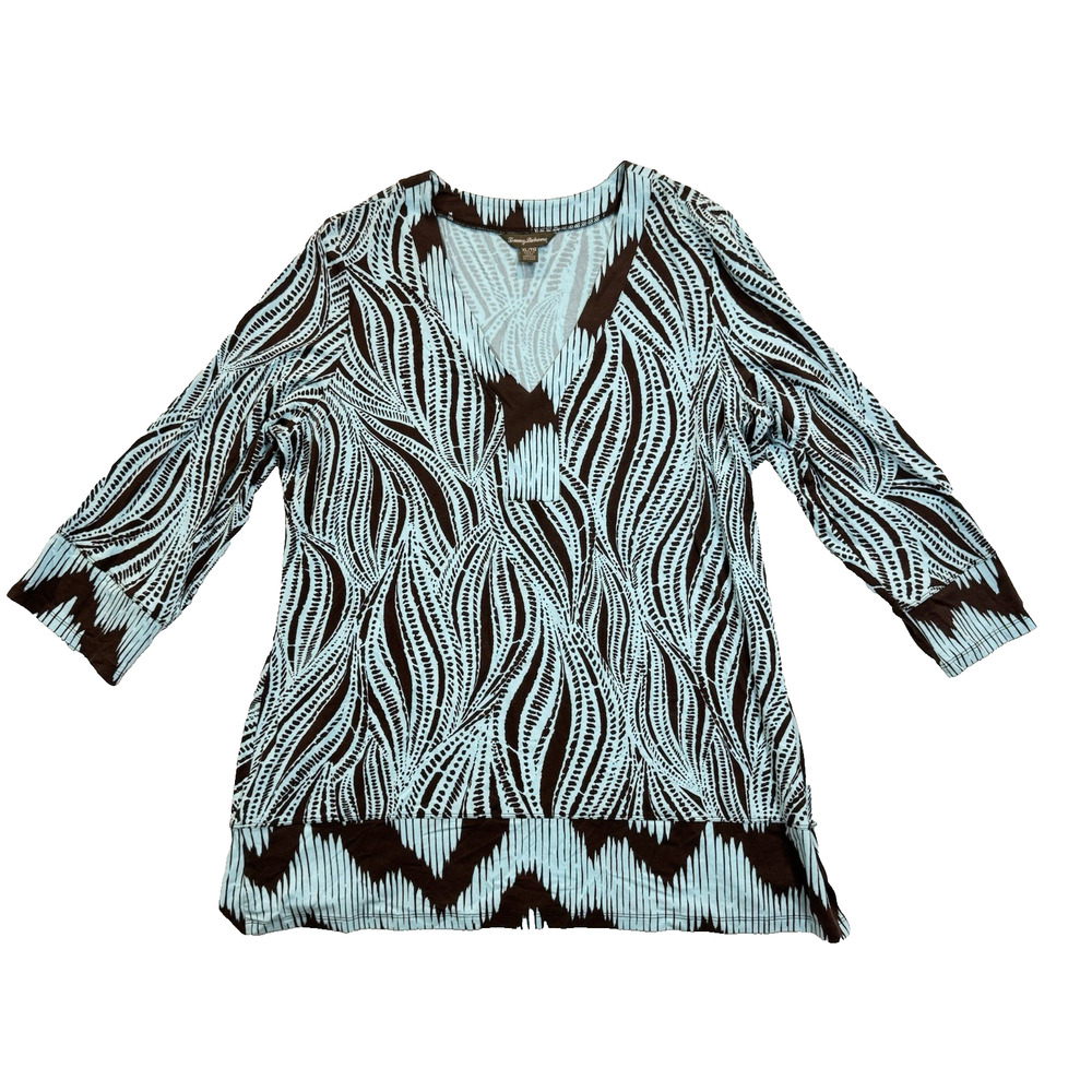 Tommy Bahama Women's Blue / Brown Shirt Blouse Stretch Tunic 3/4 Sleeve Size XL